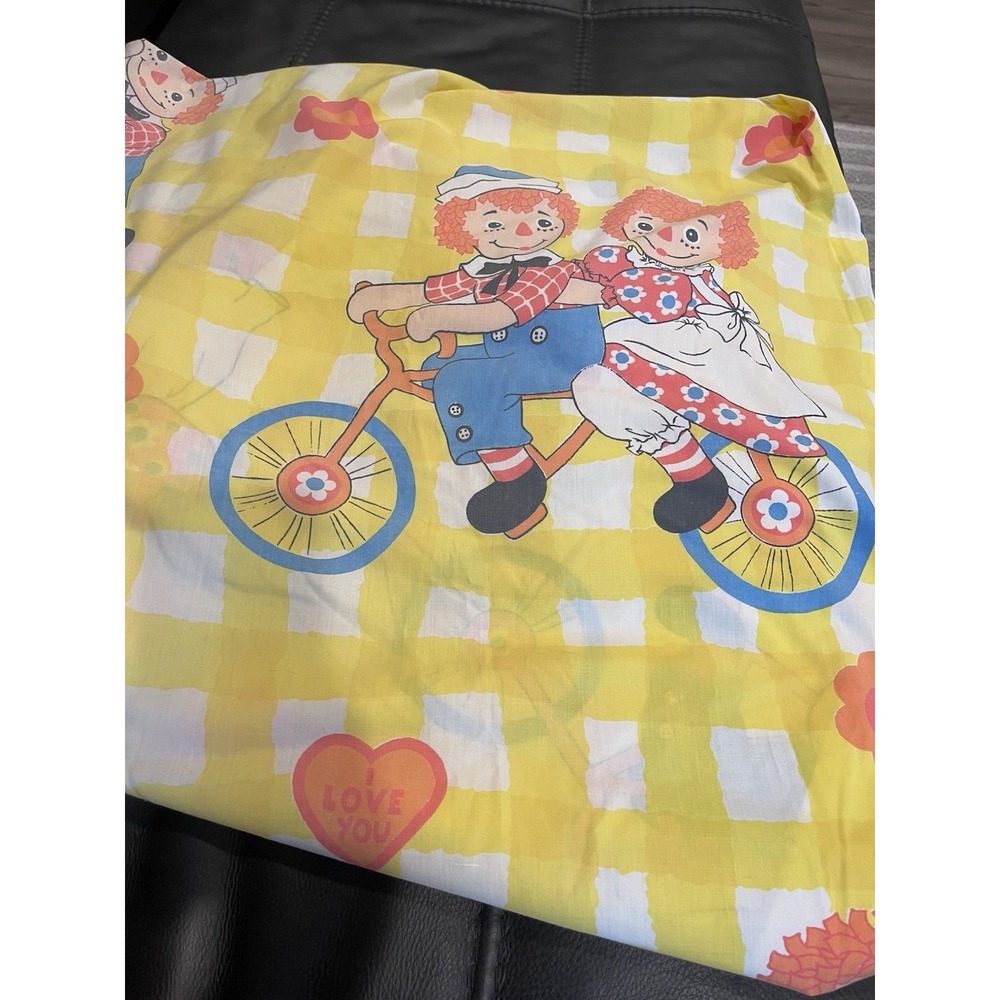Vintage Raggedy Ann & Andy TWIN Flat Sheet Yellow Check Bobbs Merrill USA